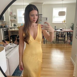 Yellow Deep V-Neck Silk-like Maxi Backless Dress